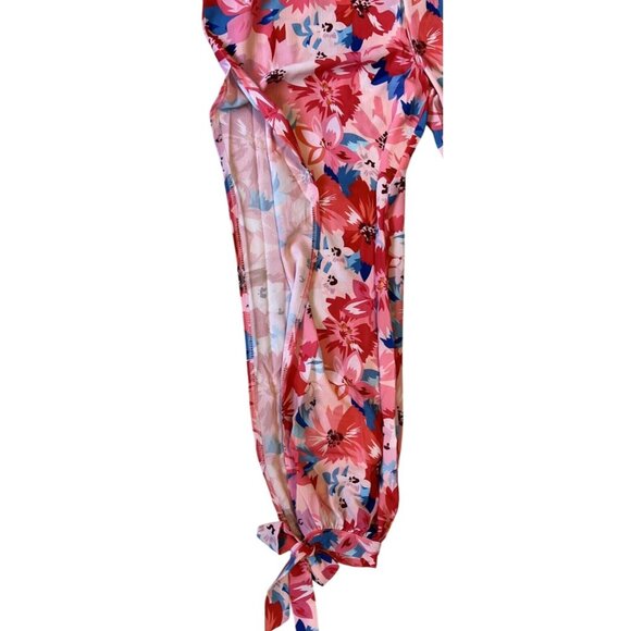Parisian Womans Pink Blue Floral Jumpsuit High Leg Slits Resort Vacay Size 10 - Picture 7 of 8